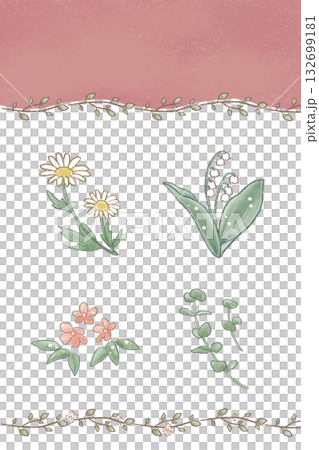 絵本タッチのお花・植物(マーガレット、すずらん、ブルースター、ユーカリ、ピンク) 絵本タッチのお花・植物(マーガレット、すずらん、ブルースター、ユーカリ、ピンク) 132699181