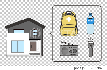 防災セットを備えた家のイラスト(非常用持ち出し袋・懐中電灯・ラジオ・水) 防災セットを備えた家のイラスト(非常用持ち出し袋・懐中電灯・ラジオ・水) 132699829