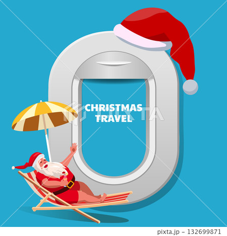 Banner Christmas travel resort airplane window with Santa Claus on the beach deck chair 132699871