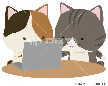 ノートpcを操作する三毛猫と教えるサバトラ猫 ノートpcを操作する三毛猫と教えるサバトラ猫 132700111
