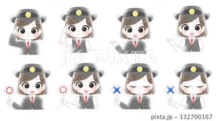 女性駅員のかわいい水彩風イラストセット 女性駅員のかわいい水彩風イラストセット 132700167