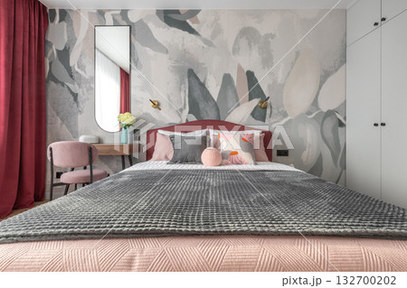 Modern Bedroom with Pink Bed and Abstract Wallpaper 132700202