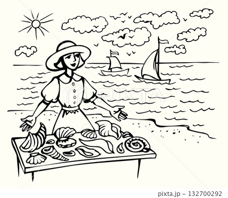 Vector illustration of a girl selling shells. Vector illustration of a girl selling shells. 132700292