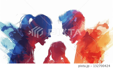 Emotional confrontation between parents with child in the center on a white background. Concept of divorce, misunderstanding in family. Emotional confrontation between parents with child in the center on a white background. Concept of divorce, misunderstanding in family. 132700424