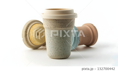 Mint and beige reusable travel mug with ribbed silicone sleeve; minimal studio still life for eco lifestyle. 132700442