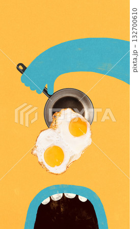 Modern composition. Blue hand holding pan with fried eggs on orange background Modern composition. Blue hand holding pan with fried eggs on orange background 132700610