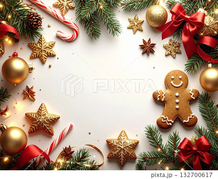 赤と金のクリスマス飾りとジンジャーブレッドマンのフラットレイ背景（白背景・コピースペースあり） 132700617