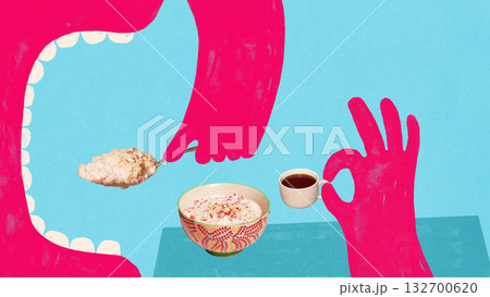 Collage art. Pink hands eating oatmeal with coffee and simple morning setting 132700620