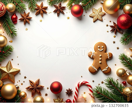 ジンジャーブレッドマンとキャンディケーンの赤と金のクリスマスフラットレイ背景 132700635
