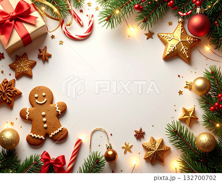 赤いリボンと金色オーナメントの上品なクリスマス構図（コピースペースあり） 132700702