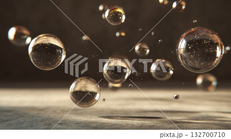 Transparent clear liquid bubbles, macro shot of floating spheres over a stone surface. Abstract science or cosmetic background with light reflection. 132700710