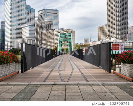 遊歩道化された旧晴海鉄道橋の廃線跡と残された当時のレール 遊歩道化された旧晴海鉄道橋の廃線跡と残された当時のレール 132700741