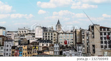 ISTANBUL, TURKEY - NOVEMBER 01, 2025: Galata Tower and Ataturk poster view 132700949