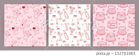 Seamless Valentine patterns with cupids, drinks and cakes 132701065