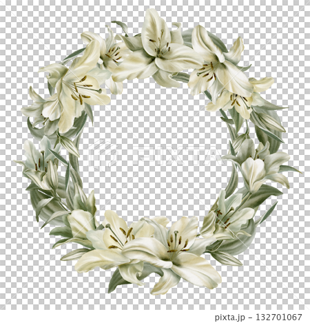 White lilies with leaves arranged in a round wreath base,symbolizing purity,innocence,communion and marriage.Hand drawn watercolor illustration for church ceremonies,advertisements 132701067
