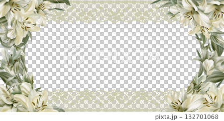 White lilies with leaves in cemicircular rectangular frame symbolizing purity,innocence,holiness communion.Hand drawn watercolor illustration for chapel ceremonies,advertisements 132701068