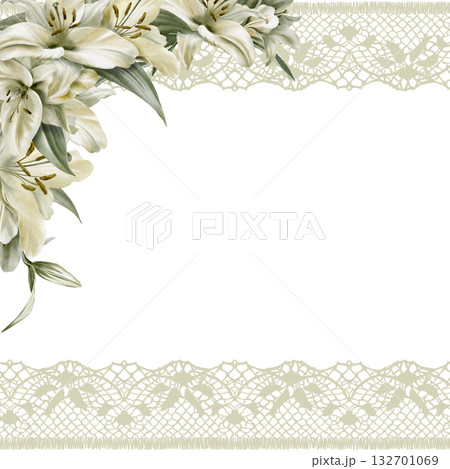 White lily flower and openwork lace ribbon as a symbol of grief and sorrow.Grace in its solitude and peace.Hand drawn watercolor square template for funeral,baptism,communion,wedding,church ceremonies 132701069