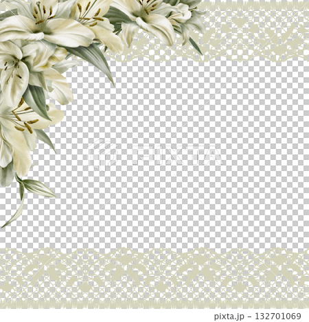 White lily flower and openwork lace ribbon as a symbol of grief and sorrow.Grace in its solitude and peace.Hand drawn watercolor square template for funeral,baptism,communion,wedding,church ceremonies 132701069