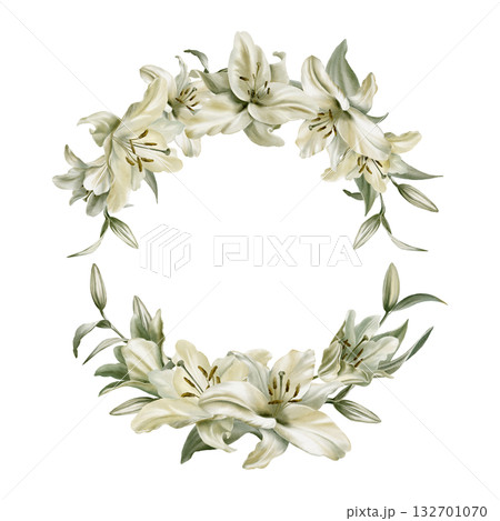 White lilies with leaves in cemicircular frames symbolizing purity,innocence,holiness communion.Hand drawn watercolor illustration for chapel ceremonies,advertisements 132701070