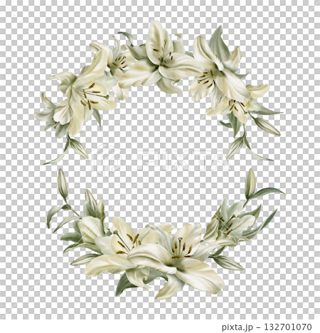 White lilies with leaves in cemicircular frames symbolizing purity,innocence,holiness communion.Hand drawn watercolor illustration for chapel ceremonies,advertisements 132701070
