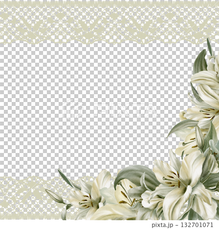 White lilies with leaves arranged in a round wreath base,symbolizing purity,innocence,communion and marriage.Hand drawn watercolor illustration for church ceremonies,advertisements 132701071