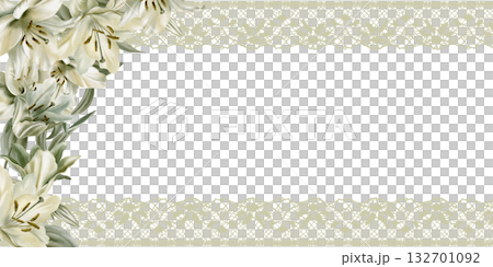 White lilies with leaves,openwork lace ribbon in horisontal template,symbolizing purity,innocence,communion and marriage.Hand drawn watercolor illustration for church ceremonies,advertisements White lilies with leaves,openwork lace ribbon in horisontal template,symbolizing purity,innocence,communion and marriage.Hand drawn watercolor illustration for church ceremonies,advertisements 132701092