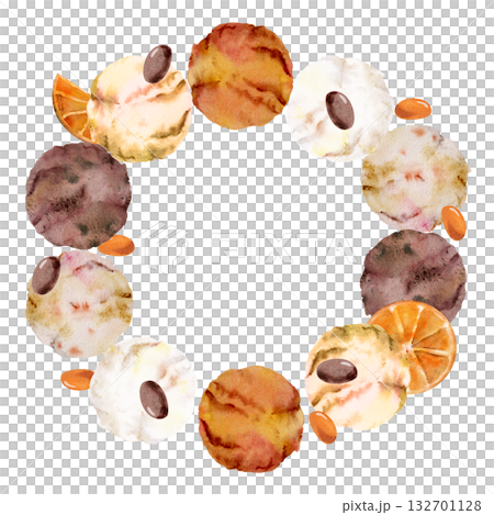 Vanilla creme brulee truffle chocolate gelato ice cream scoops. Orange slices, coated bonbons. Isolated wreath frame hand drawn in watercolor. Tasting set label, patisserie art, fine food journal. 132701128