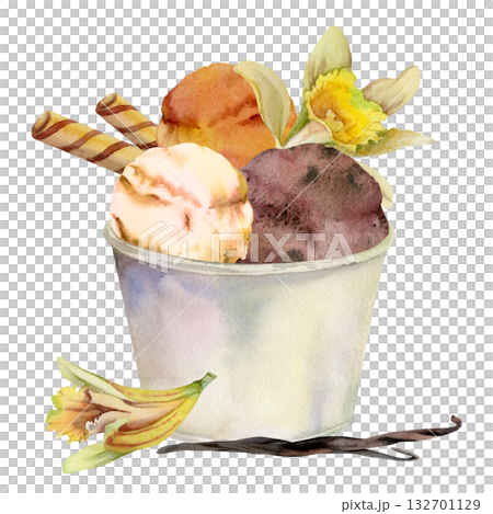 Vanilla ice cream gelato scoop in kraft paper cup with orchid flowers, seed pods, waffle rolls. Isolated illustration hand drawn in watercolor. Dessert packaging, sticker sheet, artisan product label. 132701129
