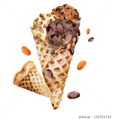 Creme brulee vanilla chocolate gelato, shiny candy dragees, crashed nuts, syrup drizzle toppings in waffle cone. Isolated illustration hand drawn in watercolor. Confectionery art, sweet product tag Creme brulee vanilla chocolate gelato, shiny candy dragees, crashed nuts, syrup drizzle toppings in waffle cone. Isolated illustration hand drawn in watercolor. Confectionery art, sweet product tag 132701134
