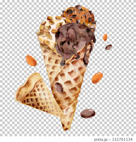 Creme brulee vanilla chocolate gelato, shiny candy dragees, crashed nuts, syrup drizzle toppings in waffle cone. Isolated illustration hand drawn in watercolor. Confectionery art, sweet product tag 132701134
