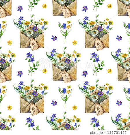 Seamless watercolor pattern with wildflowers in vintage envelopes, floral letter with tag for you , botanical cottagecore design, hand-painted repeating background for wrapping paper and greeting Seamless watercolor pattern with wildflowers in vintage envelopes, floral letter with tag for you , botanical cottagecore design, hand-painted repeating background for wrapping paper and greeting 132701135