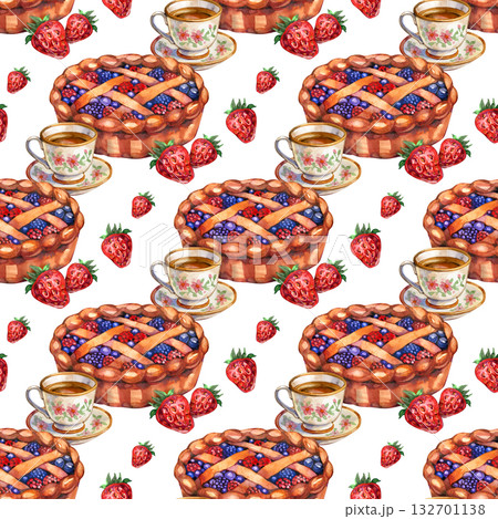 Seamless watercolor pattern with berry pie, vintage tea cups, and strawberries, cozy cottagecore kitchen design, hand-painted dessert background for fabric, wrapping paper, or cafe decor Seamless watercolor pattern with berry pie, vintage tea cups, and strawberries, cozy cottagecore kitchen design, hand-painted dessert background for fabric, wrapping paper, or cafe decor 132701138