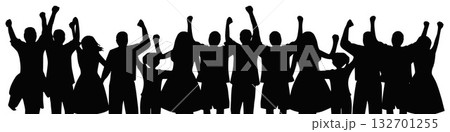 silhouette of a group of people, celebrating victory, happy. vector illustration 132701255