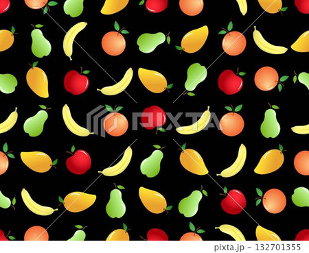 Mix colorful fruits of orange, apple, pear, mango and banana on black background, seamless pattern doodle design. Mix colorful fruits of orange, apple, pear, mango and banana on black background, seamless pattern doodle design. 132701355