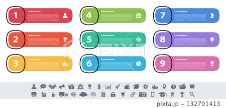Infographic design business concept vector illustration with 9 steps or options or processes represent work flow or diagram or web button banner 132701413