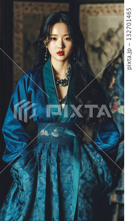 Beautiful Korean woman wearing traditional hanbok standing confidently in a historic setting 132701465