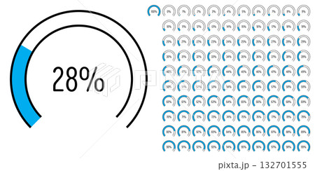 Set of circular sector arc percentage diagrams meters progress bar from 0 to 100 ready-to-use for web design, user interface UI or infographic - indicator with blue 132701555