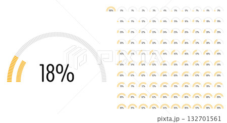 Set of semicircle percentage progress bar diagrams meters from 0 to 100 ready-to-use for web design, user interface UI or infographic - indicator with yellow 132701561
