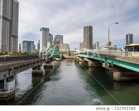 遊歩道化された旧晴海鉄道橋の廃線跡(左)と道路橋の春海橋(右) 遊歩道化された旧晴海鉄道橋の廃線跡(左)と道路橋の春海橋(右) 132701588