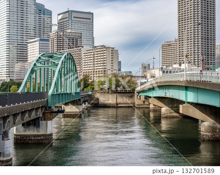 遊歩道化された旧晴海鉄道橋の廃線跡(左)と道路橋の春海橋(右) 遊歩道化された旧晴海鉄道橋の廃線跡(左)と道路橋の春海橋(右) 132701589