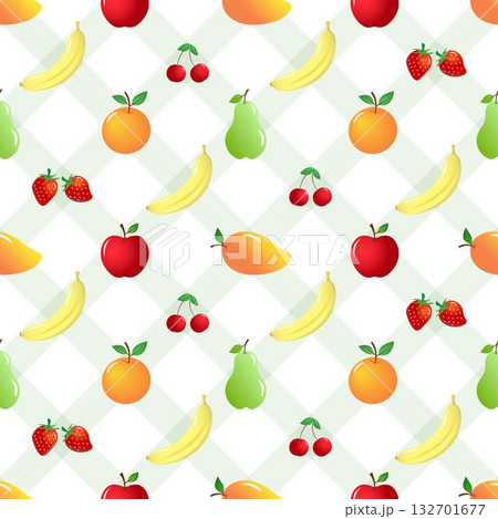 Mix colorful fruits of orange, apple, pear, mango and banana, strawberry and cherry on soft green diagonal lines background, seamless pattern doodle design.  132701677
