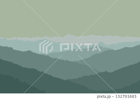 Image of a majestic mountain range landscape. Silhouette of mountains with a monotone gradient of greyish green color palette. Image of a majestic mountain range landscape. Silhouette of mountains with a monotone gradient of greyish green color palette. 132701683