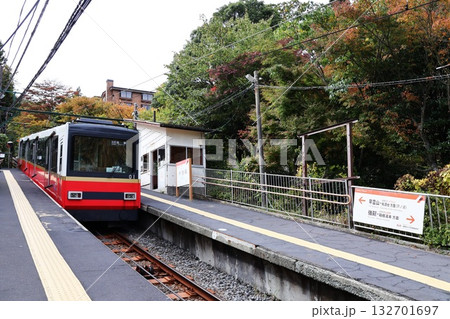 中強羅駅のホームに到着する箱根登山ケーブルカー 132701697