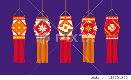 A vibrant set of colorful Diwali lanterns, glowing warmly with intricate patterns, symbolizing festivity, light, and joy during the festival of lights. A vibrant set of colorful Diwali lanterns, glowing warmly with intricate patterns, symbolizing festivity, light, and joy during the festival of lights. 132701856