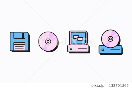 Retro floppy disk, compact disc, computer monitor, and CD drive icons. Minimal tech nostalgia design for digital interfaces. Flat Style Vector Illustration. 132701865