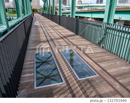 遊歩道化された旧晴海鉄道橋の廃線跡　枕木が見える透明のガラス床 132701940