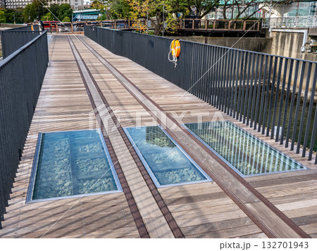 遊歩道化された旧晴海鉄道橋の廃線跡 枕木が見える透明のガラス床 遊歩道化された旧晴海鉄道橋の廃線跡 枕木が見える透明のガラス床 132701943