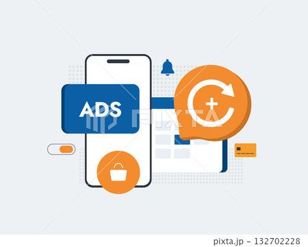 Hybrid monetization concept combining in-app purchases, application ads and subscriptions. Hybrid monetization improve revenue and user engagement in mobile business and digital economy illustration 132702228