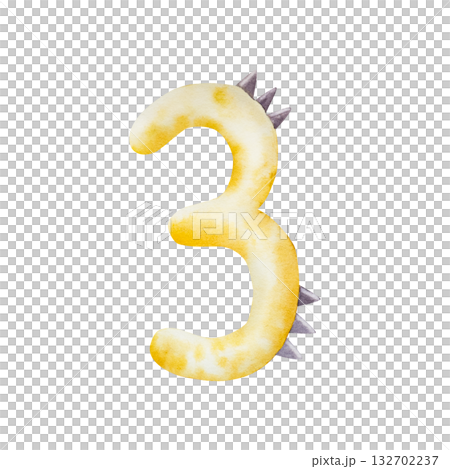 Cute dinosaur number three. Watercolor hand drawn prehistoric illustration for invitation card, nursery poster. Sketch on transparent background. Perfect for for nursery and baby shower, tropical 132702237