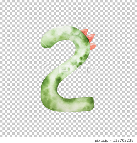 Cute dinosaur number two. Watercolor hand drawn prehistoric illustration for invitation card, nursery poster. Sketch on transparent background. Perfect for for nursery and baby shower, tropical design Cute dinosaur number two. Watercolor hand drawn prehistoric illustration for invitation card, nursery poster. Sketch on transparent background. Perfect for for nursery and baby shower, tropical design 132702239